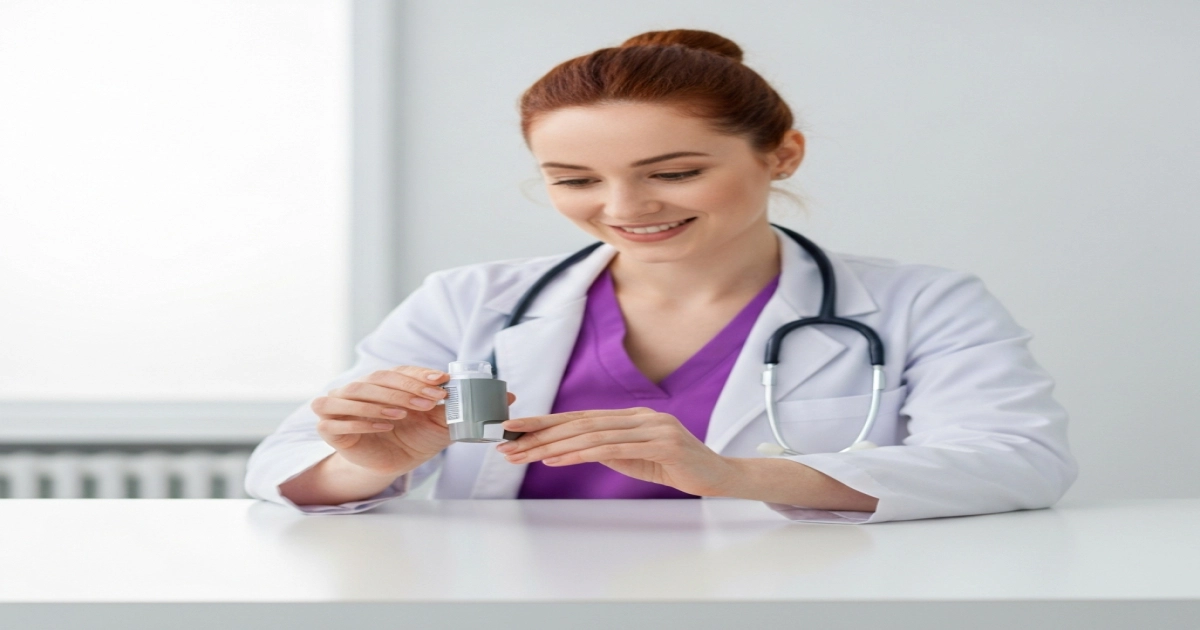 A doctor holds a new small inhaler and looks at it on a white table