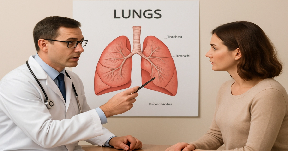 A doctor pointing at a lung diagram while a patient listens