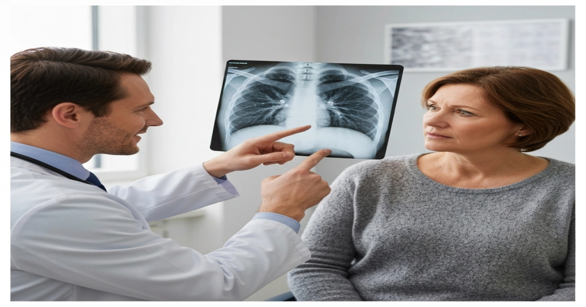 A doctor points at a lung x-ray while a patient listens.