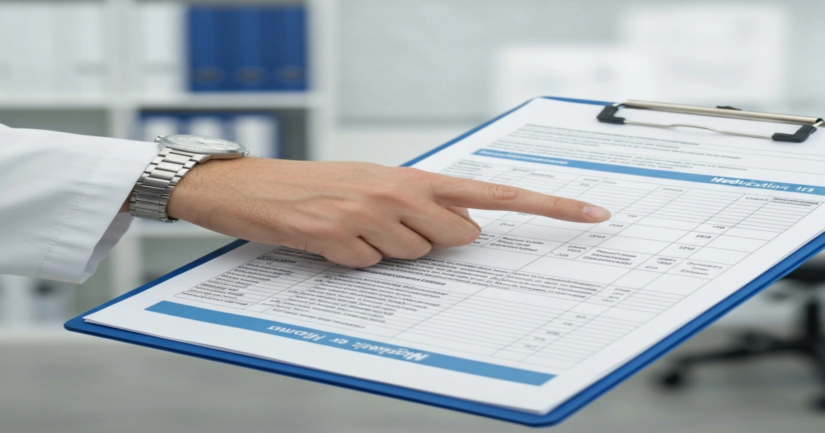 A doctor’s hand pointing at a printed medication list on a clipboard