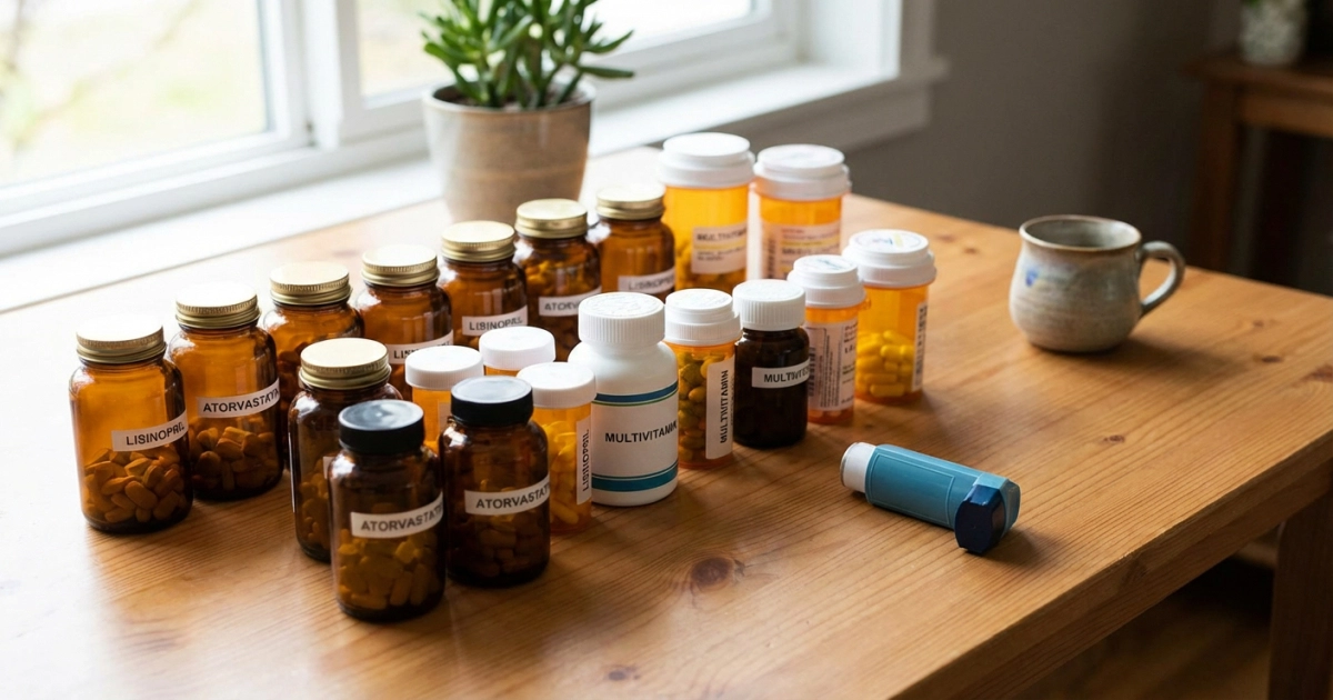 A table with neatly arranged pill bottles and an inhaler