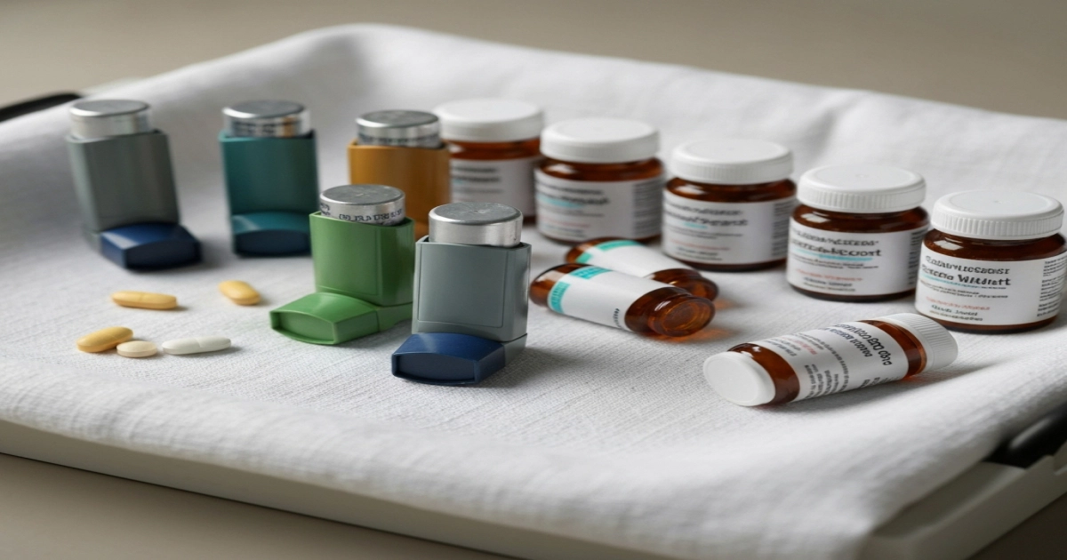 A tray with several inhalers and small pill bottles on a white cloth.