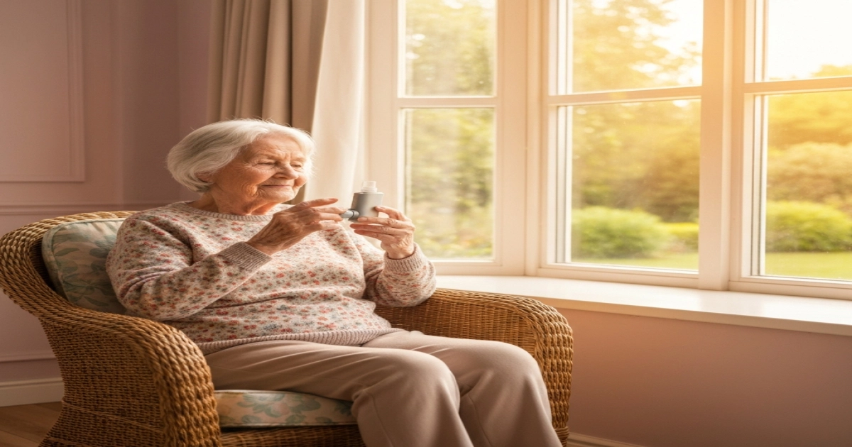 An older person sitting on a chair using a small inhaler device near a sunny window