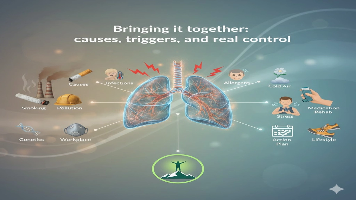 Diagram integrating COPD causes, triggers, and control strategies like medication and lifestyle.