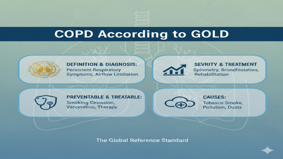GOLD standard summary of COPD: definition, severity, treatment, causes, and it being a global reference.