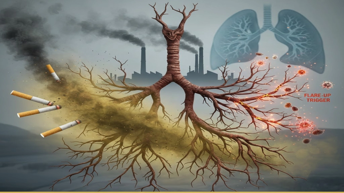 Explainer graphic on COPD causes like smoking and pollution, and flare-up triggers.