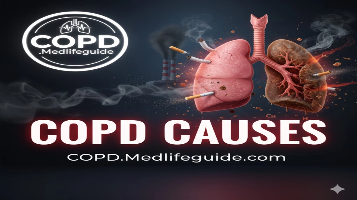 Visual guide on COPD causes, featuring tips and support from copd.medlifeguide.