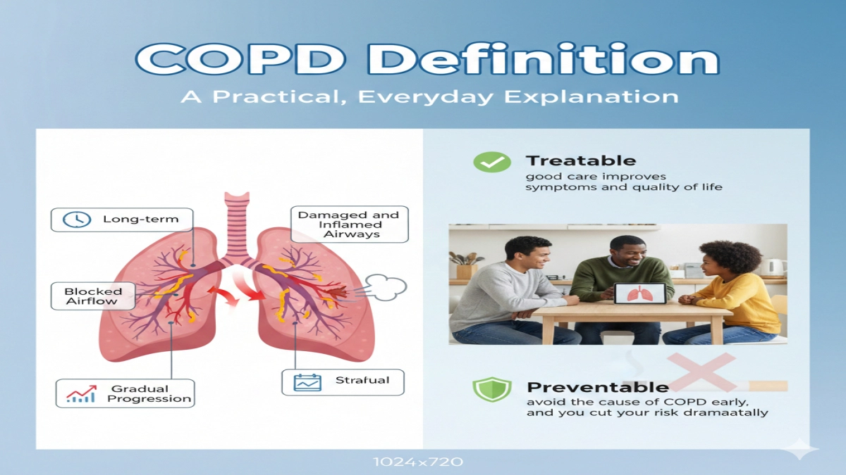 Simple definition graphic: COPD is long-term, blocked airflow, gradual, preventable, and manageable.