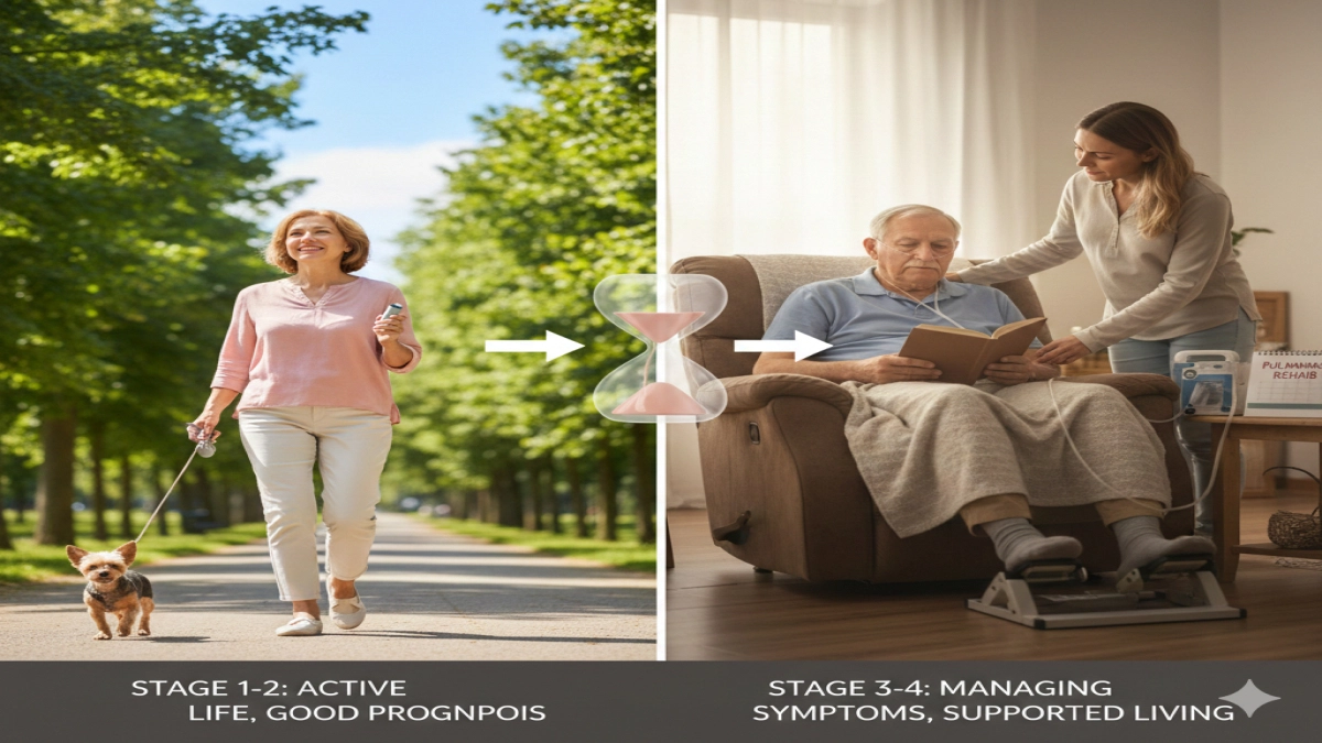 Illustrative chart showing COPD stages 1-4, progressing from active life to managed symptoms.