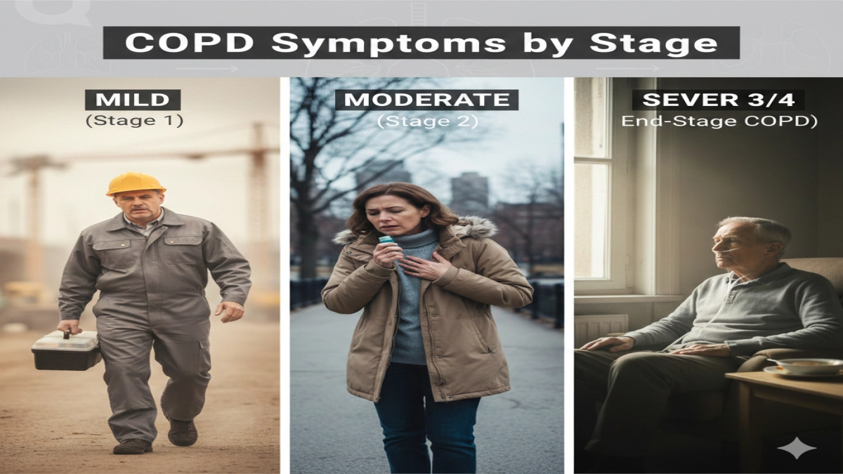 Chart showing how COPD symptoms progress and change across mild, moderate, and severe stages.