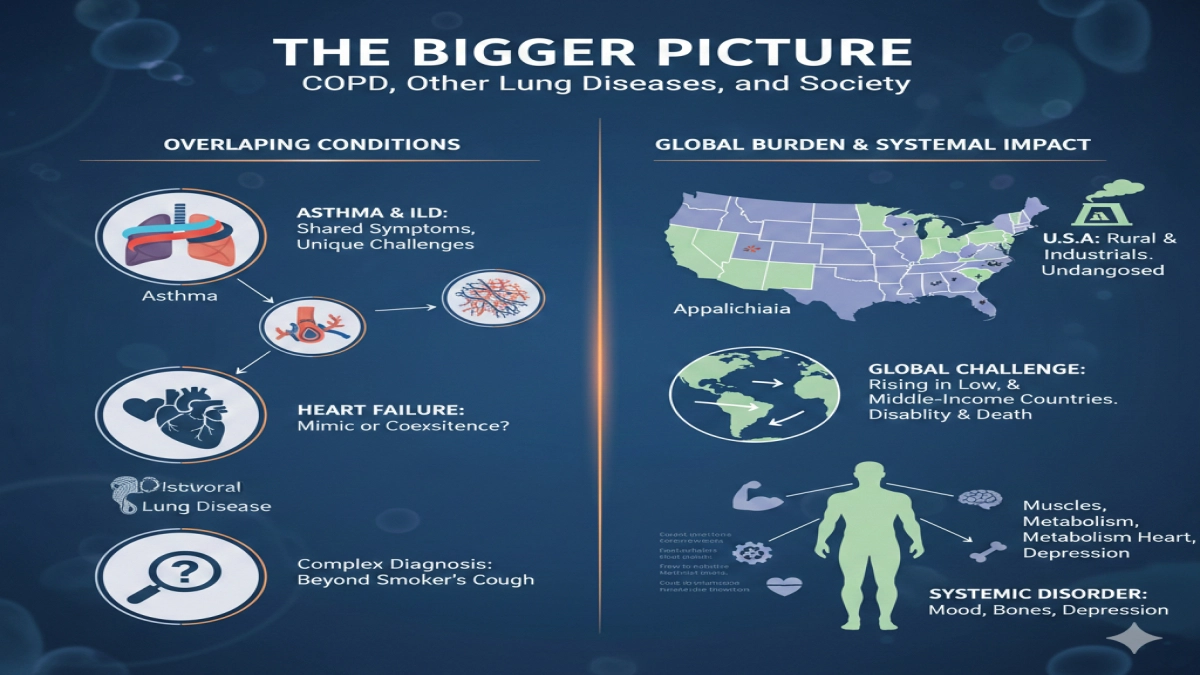 Infographic illustrating COPD's overlap with other lung diseases and its societal burden globally.