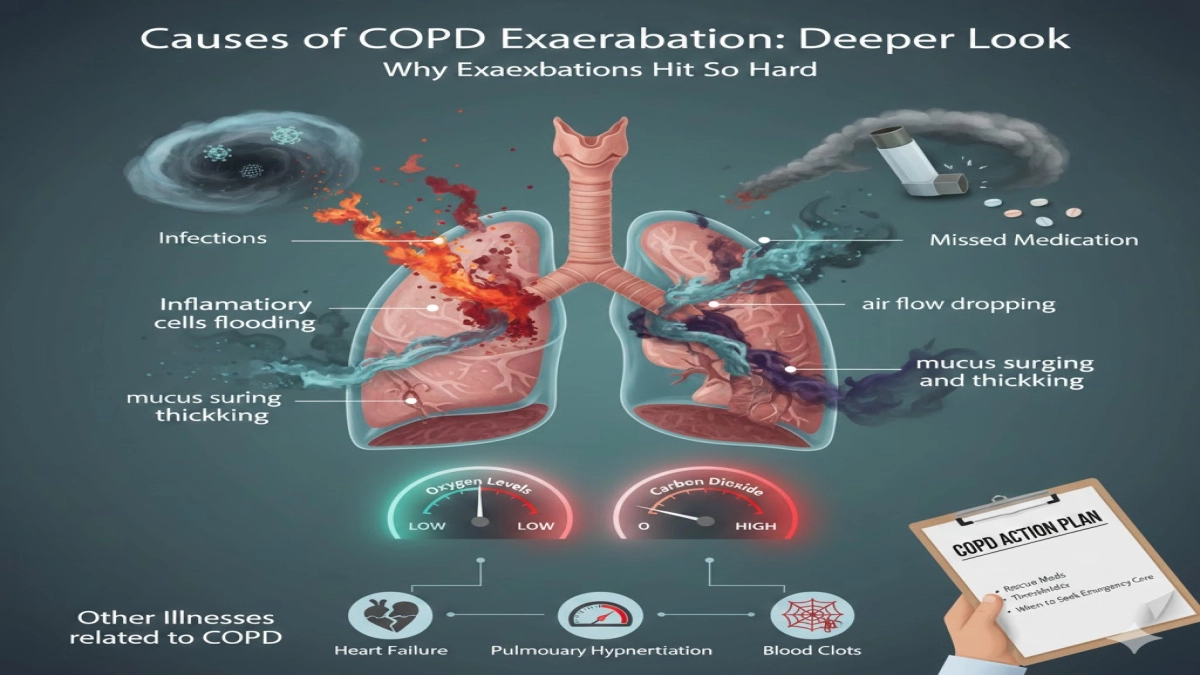 Detailed infographic on the biological causes and effects of a severe COPD exacerbation and action plan.
