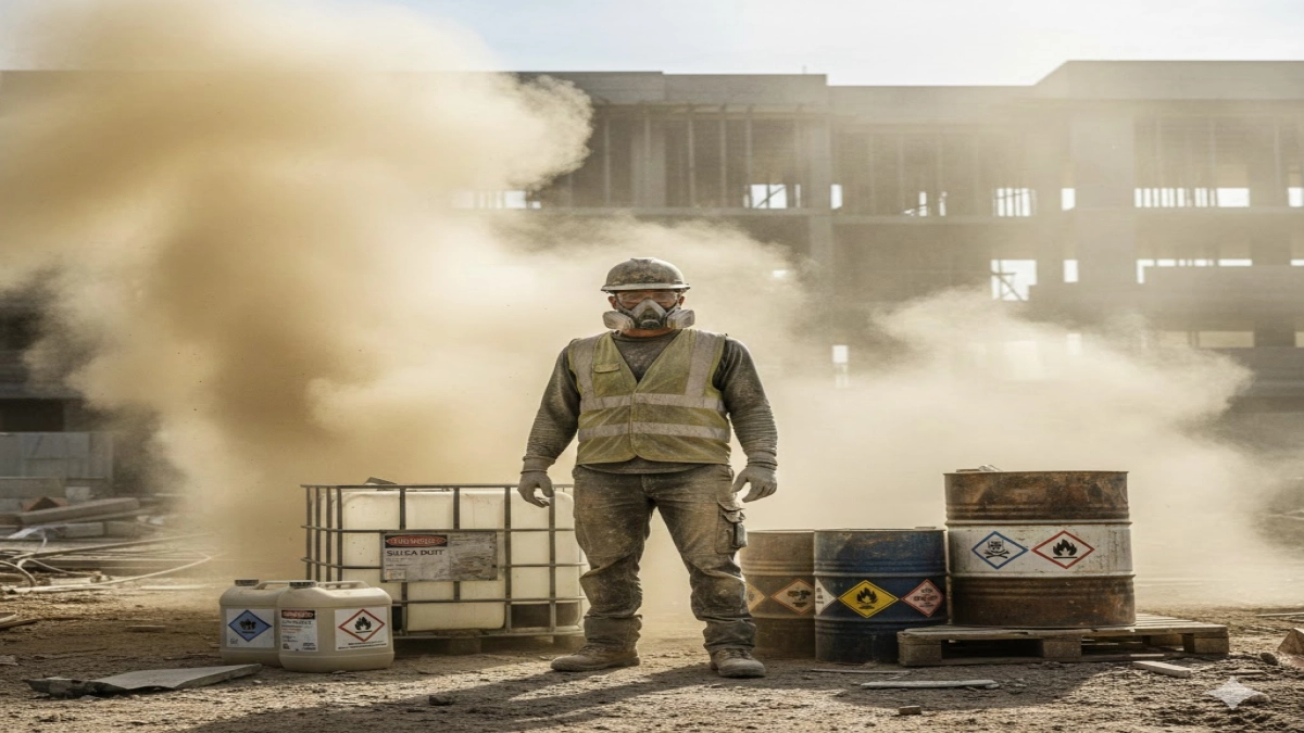 A construction worker near clouds of dust and chemical containers