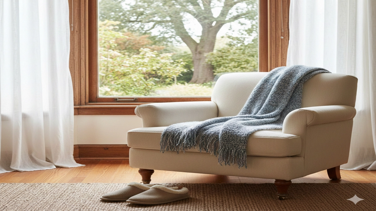 A soft chair by a window with a folded shawl and slippers on the floor