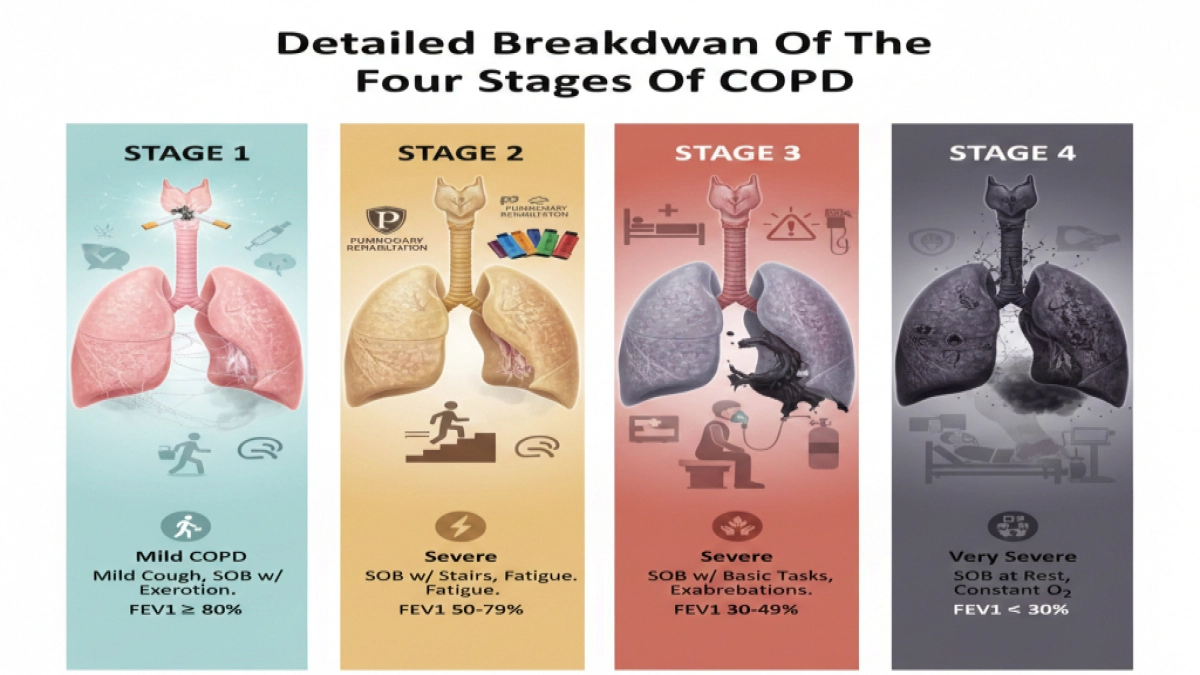 Chart of COPD's four stages: mild to very severe symptoms, activity limits, and FEV1 percentages.