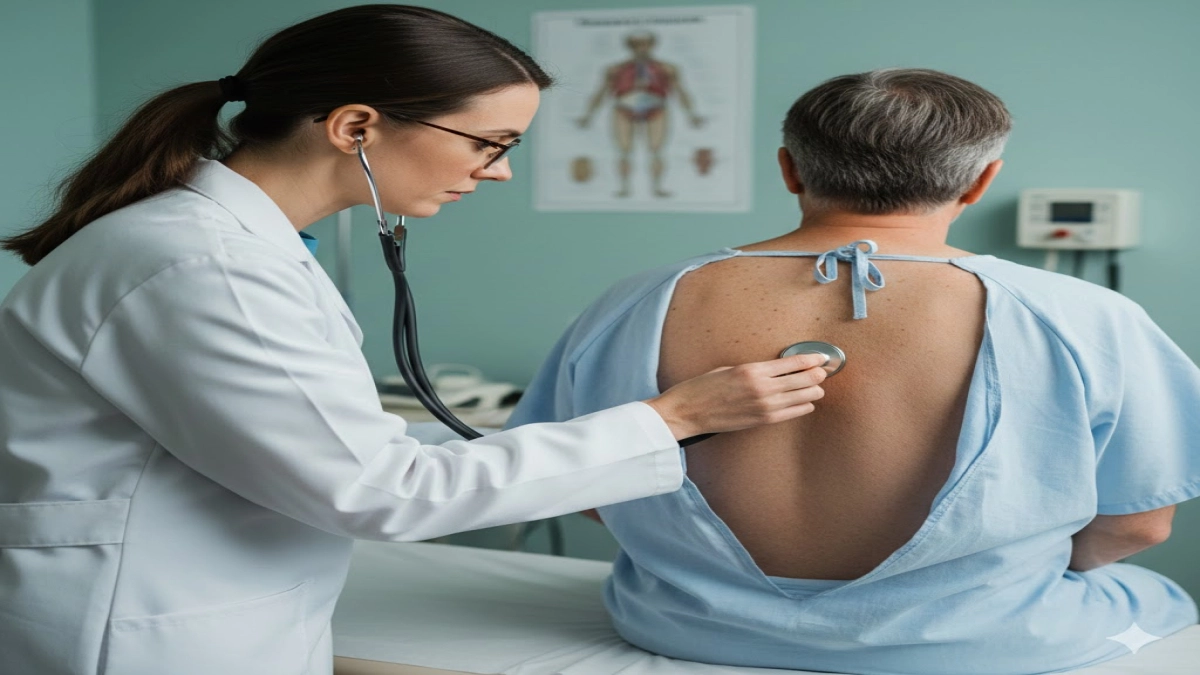 A doctor listens to a patient's back with a stethoscope.