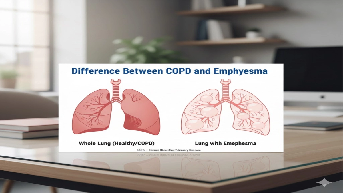 A chart on a table compares a whole lung silhouette and a lung with big empty spaces