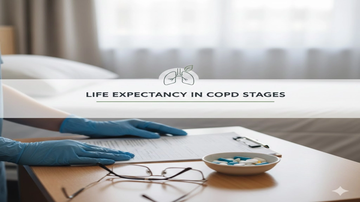 A nurse placing a paper chart on a bedside table next to pills and eyeglasses