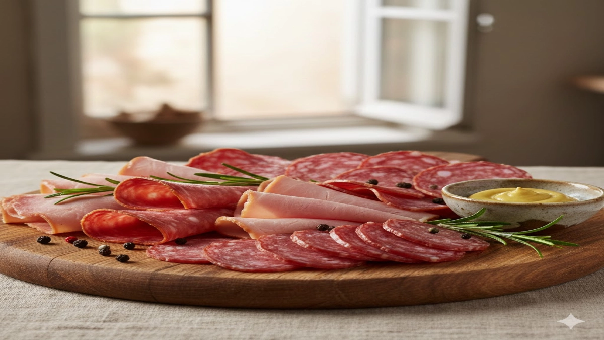 Slices of processed meats on a wooden board