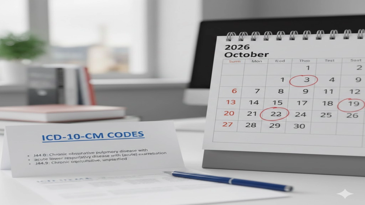 A calendar opened to 2026 sits next to a sheet labeled ICD‑10