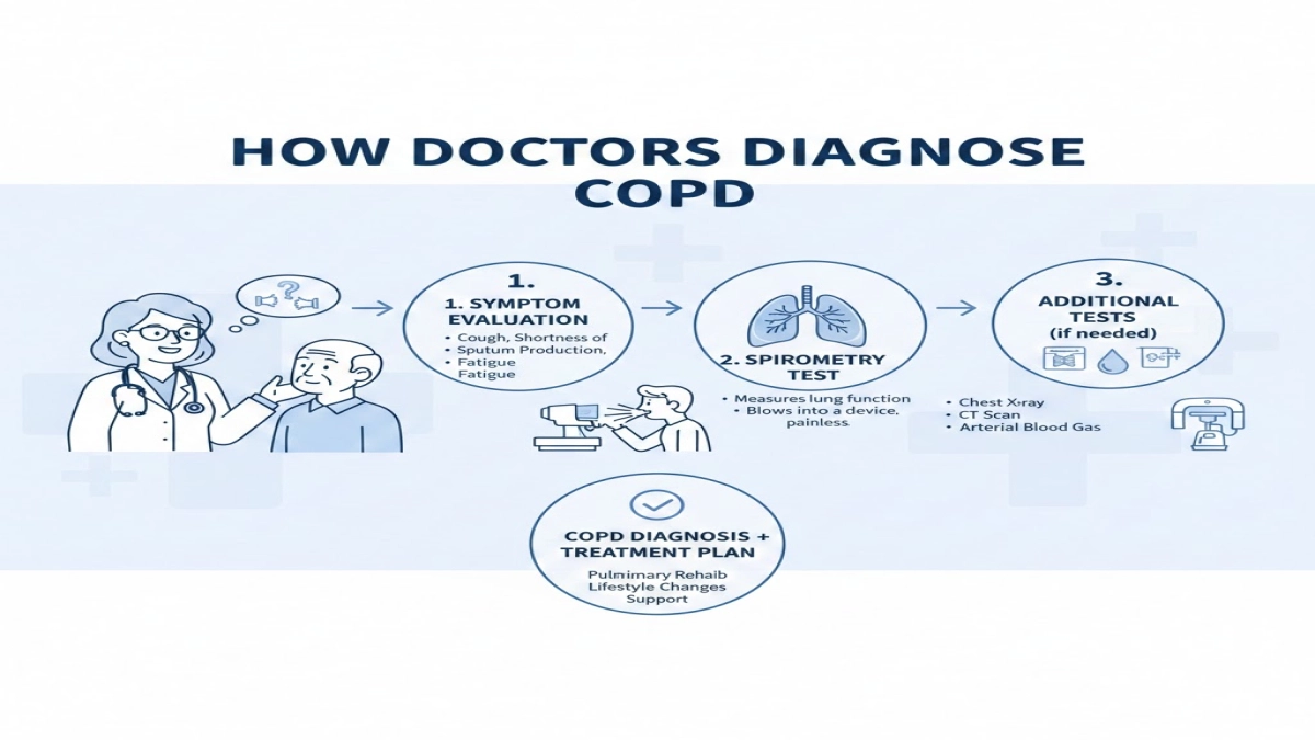 Step-by-step medical infographic on how doctors diagnose COPD and create a treatment plan.