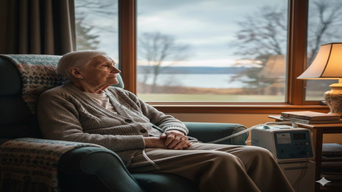 An elderly person sits in a chair with an oxygen tube in their nose, gazing out a window.