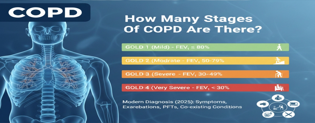 The GOLD four-stage COPD classification system and modern diagnostic criteria.