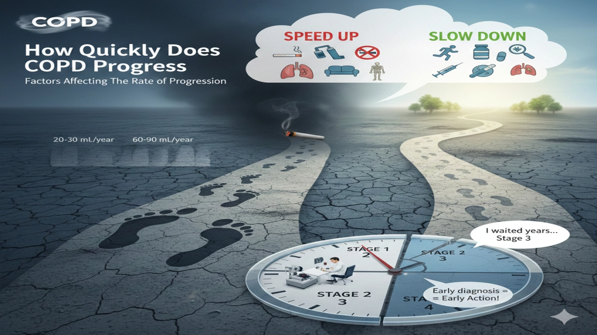 Progression rates of COPD stages, showing factors that speed it up, and the call for early diagnosis.