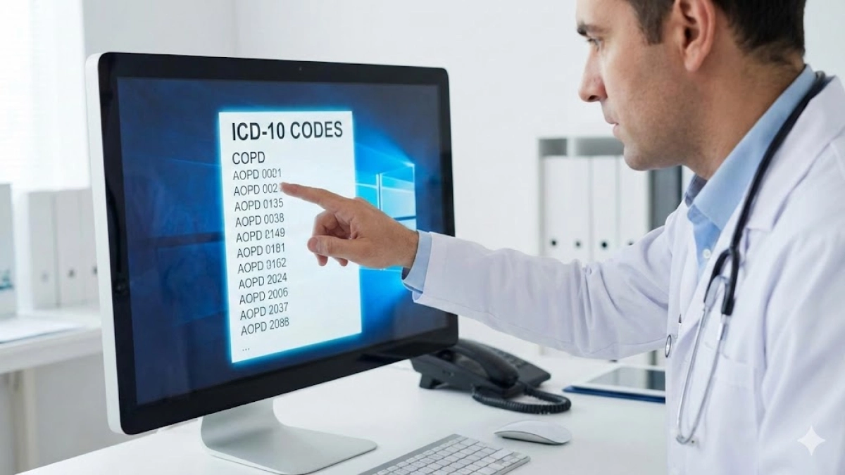 A doctor points at a computer screen showing a list of ICD-10 codes and the word COPD