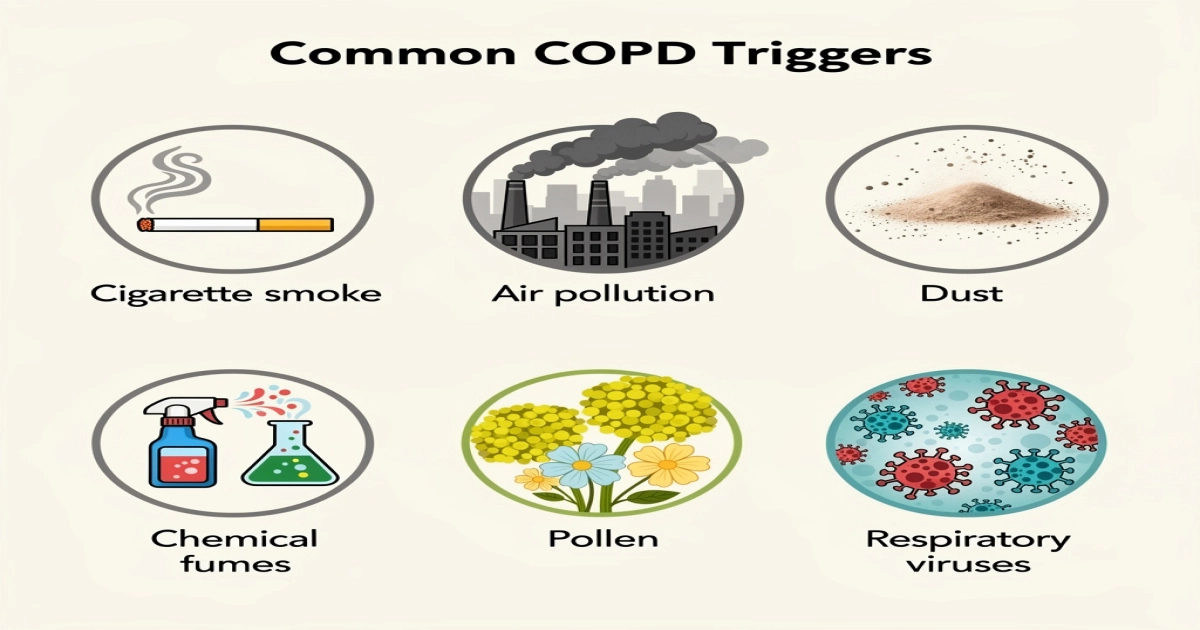 Collage of common COPD triggers: icons for cigarette smoke, air pollution, dust, chemical fumes, pollen, and respiratory viruses like cold and flu.