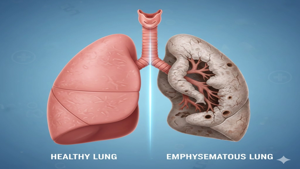 A side-by-side image of one pink lung and one pale, shriveled lung