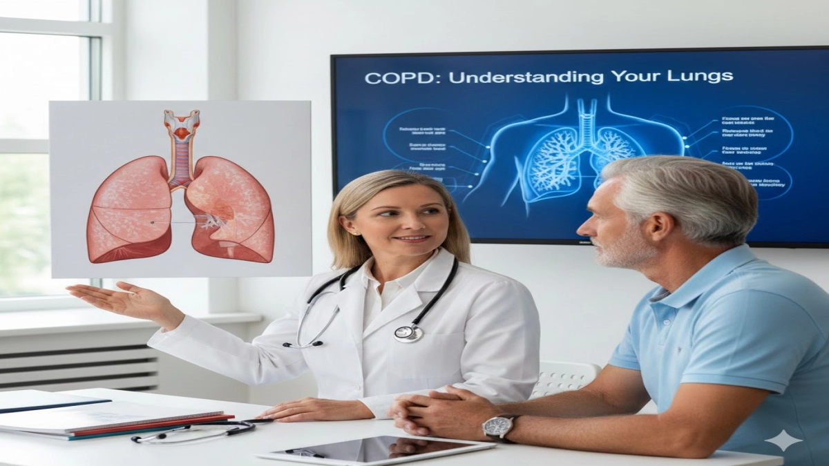 A physician gestures at a lung diagram while speaking with a patient.