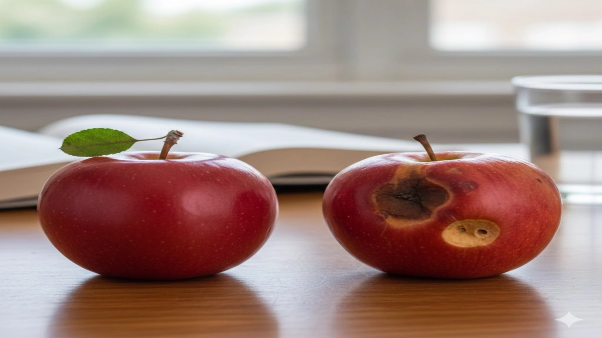 A table shows a fresh apple and a bruised apple side by side.