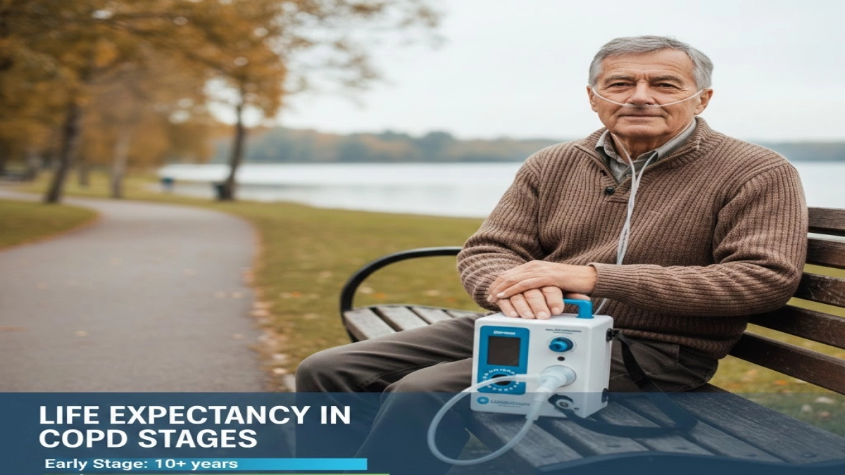 An older person sits on a bench holding an oxygen tank next to them
