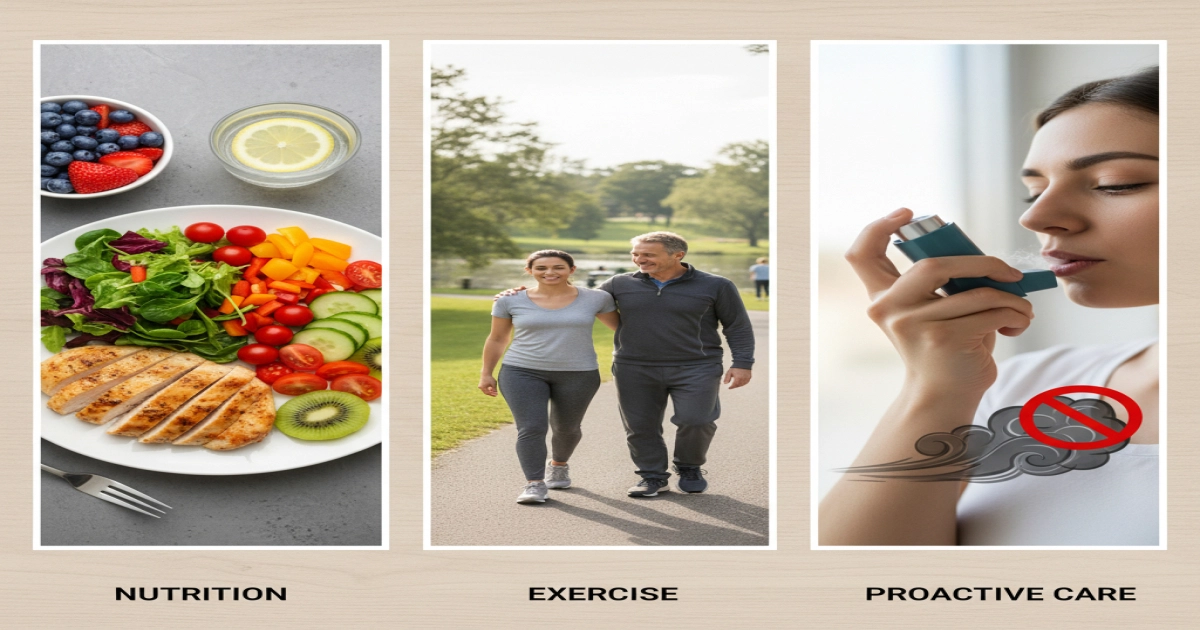 A triptych illustrating three pillars of COPD lifestyle management: 1) A colorful plate of fruits, vegetables, and lean protein for nutrition, 2) A person engaging in gentle, supervised exercise like walking, and 3) A person using a medication inhaler while avoiding a trigger like smoke, representing proactive daily care.
