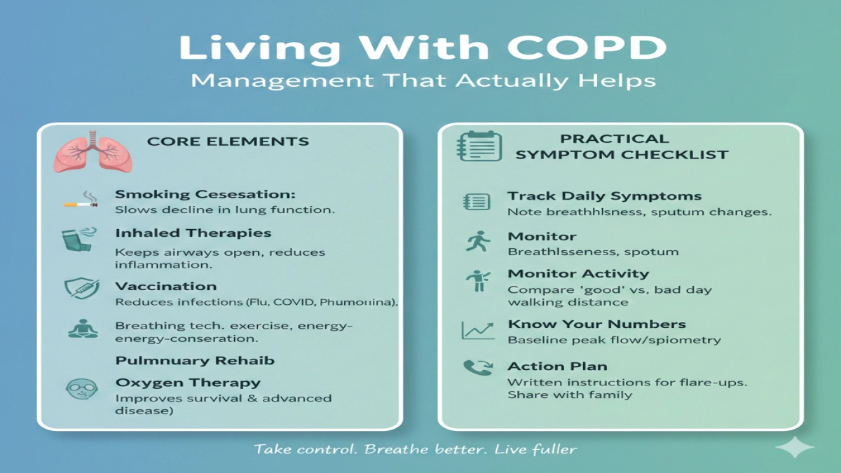 Comprehensive guide on managing COPD, covering core treatments, practical symptom tracking, and an action plan.