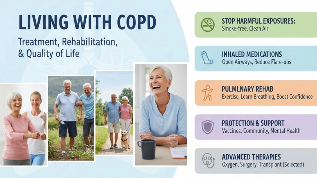 Chart showing comprehensive management for living with COPD, from medication to community support.