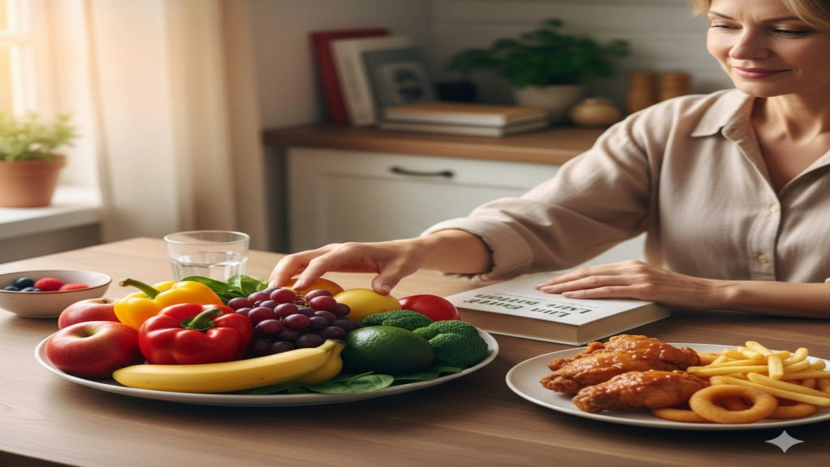 A person at a table choosing fresh fruits and vegetables over a plate of fried food