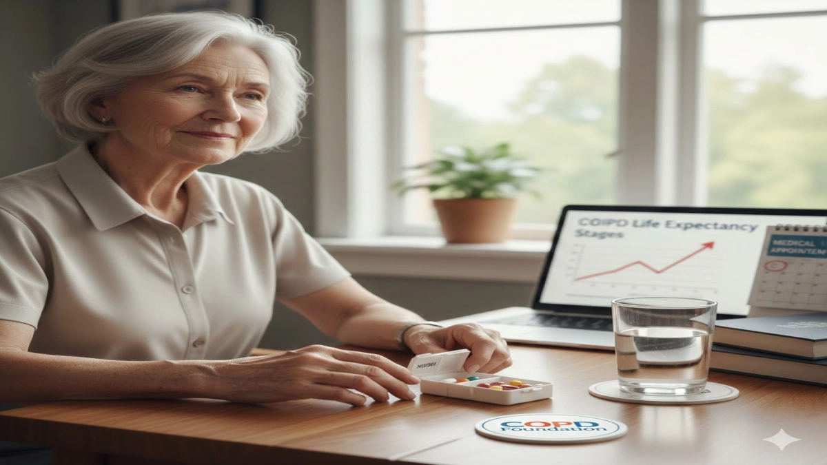 A person sits at a table next to a glass of water and a pillbox.