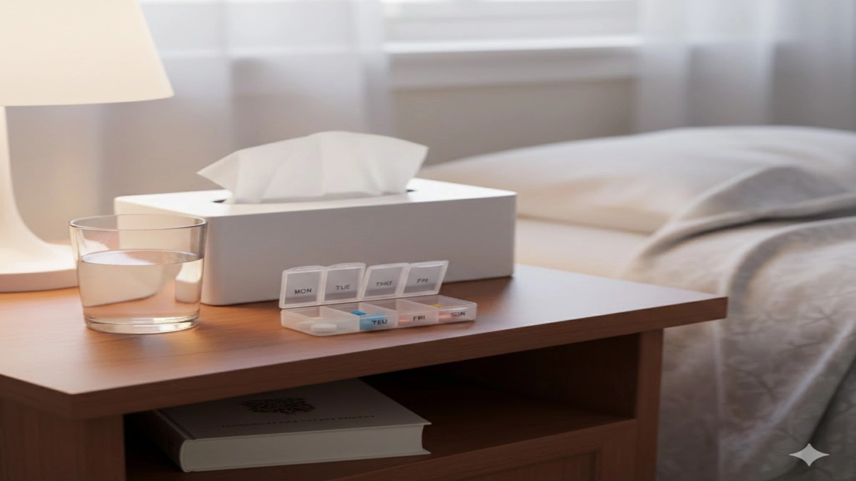 A bedside table shows a glass of water, a tissue box, and a small pill organizer