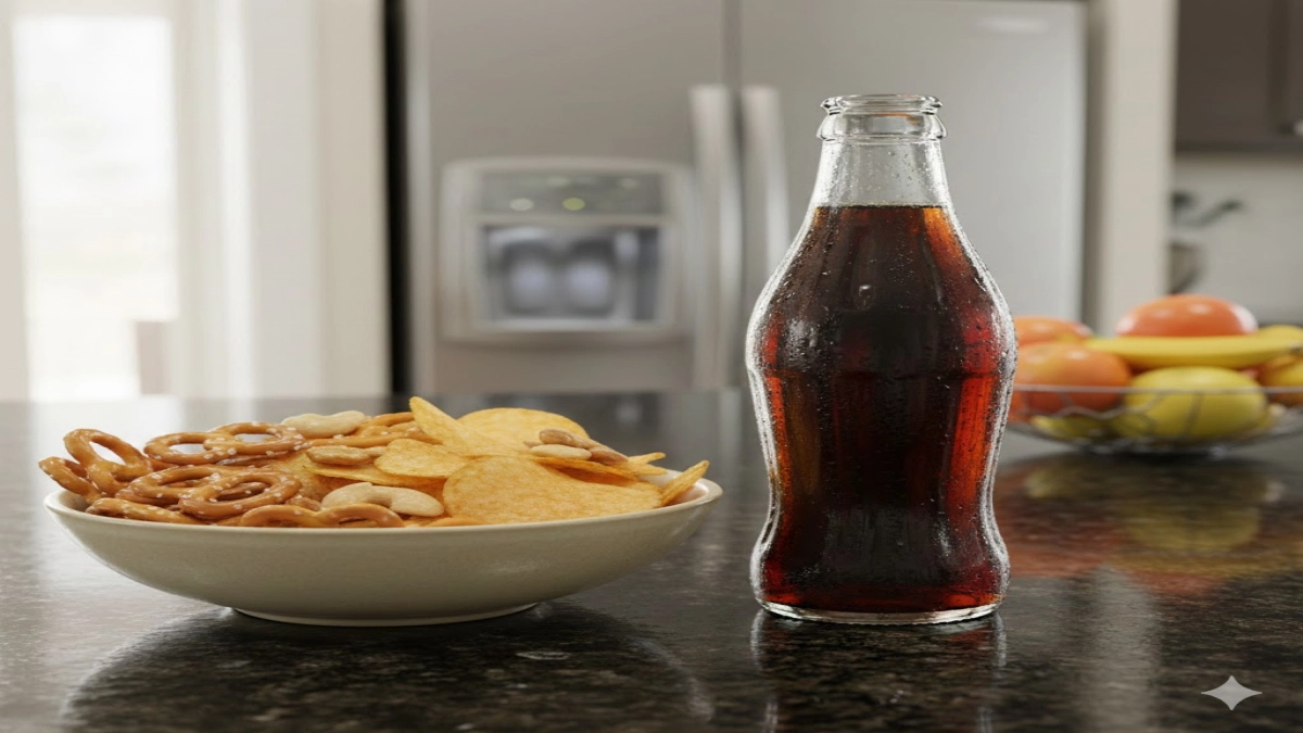 A bowl of salty snacks and a bottle of soda on a kitchen counter