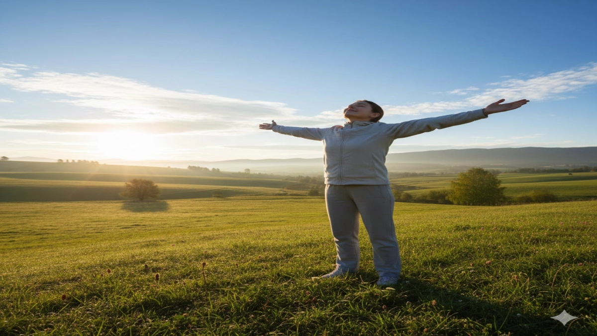 A person standing outside taking a deep breath of fresh air