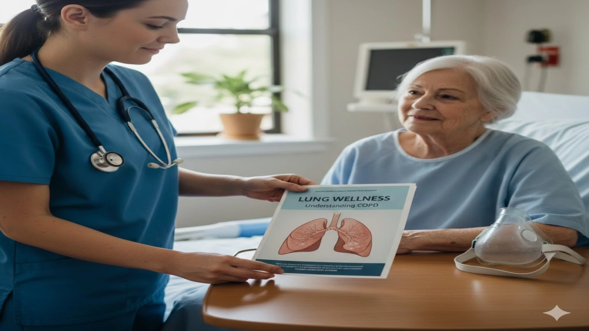 A nurse places a pamphlet about lung health on a table beside a patient