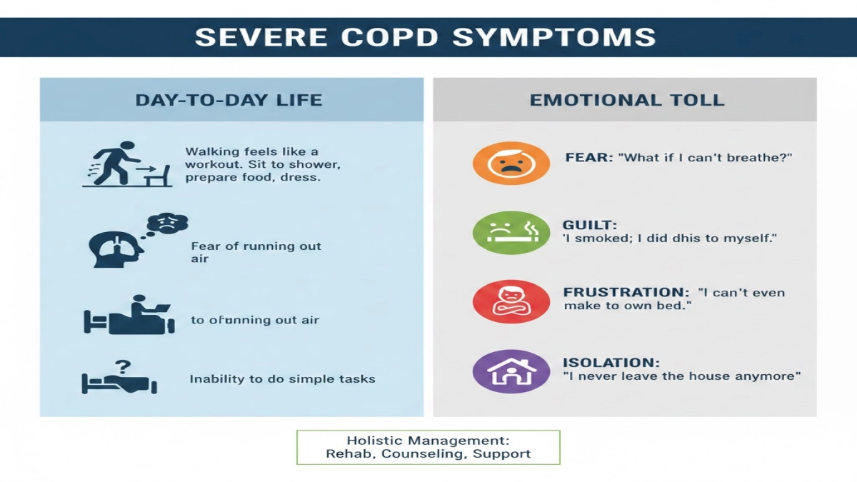 Infographic detailing the physical and emotional symptoms of severe COPD and holistic management strategies.