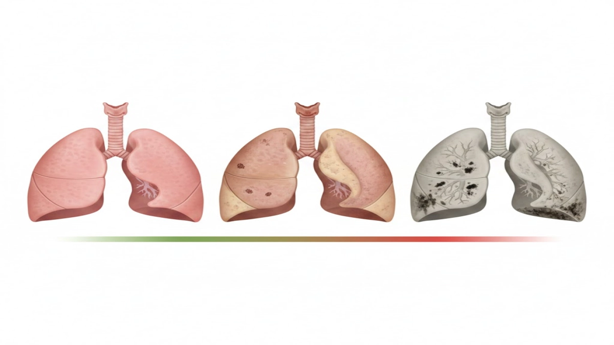 A row of three lungs lined up from healthy pink to pale gray showing disease stages