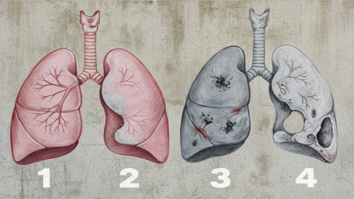 A row of four lungs drawn on a wall from healthy pink to faded gray showing disease stages
