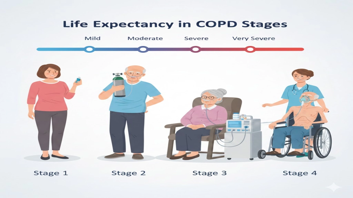A row of four people with different postures and labels showing stage 1 to stage 4