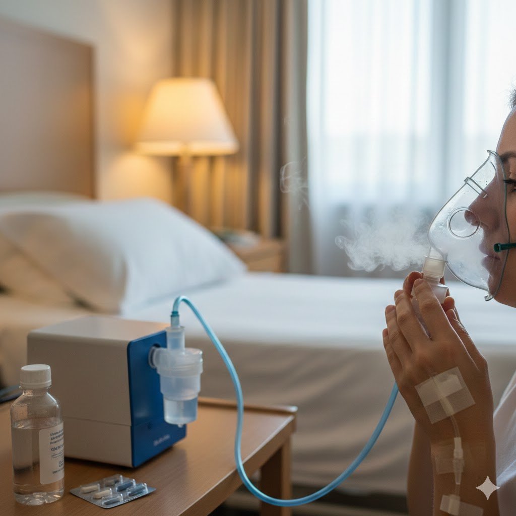 A patient breathes through a mask connected to a nebulizer on a table