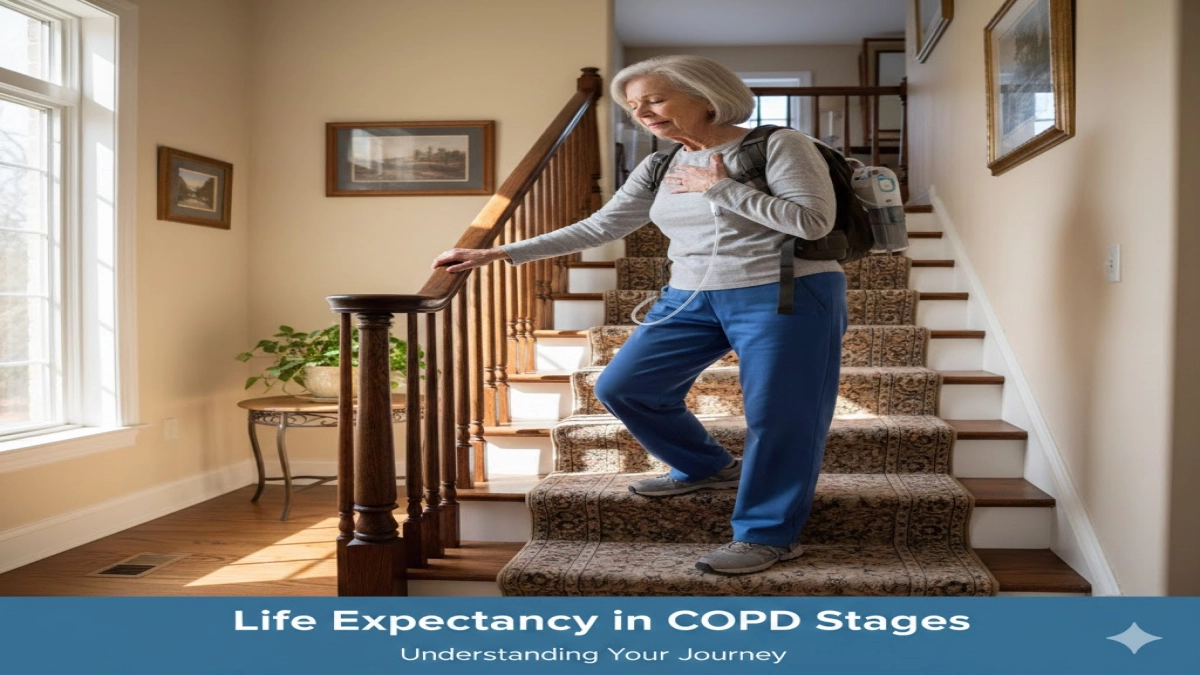A person pausing on a stair landing and holding the handrail