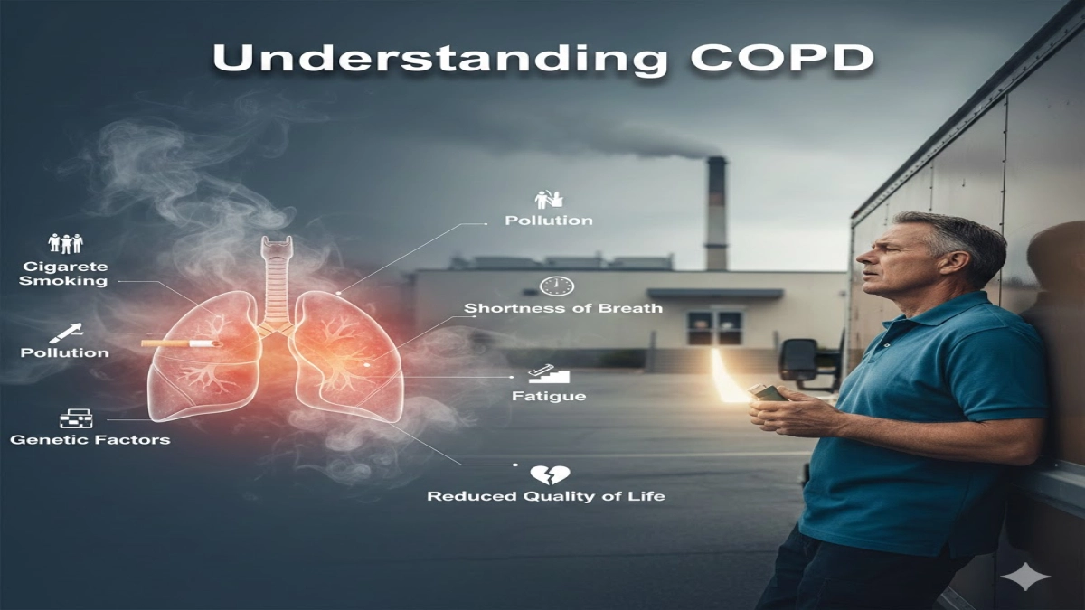 Diagram linking COPD causes like smoking and pollution to symptoms and reduced quality of life.